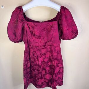 Lush Women's Size Large Red Floral Jacquard Puff‎ Sleeve Dress Formal Wear